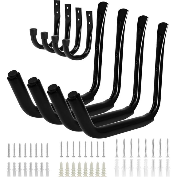 Heavy Duty Kayak Storage Rack, 100 LB (15") Wall Mount Hooks for Hanging Indoor/Outdoor, 8 Pack Large Garage Hooks for Ladder Kayaks Surfboards, Black Organization Hangers, Kayak Accessories