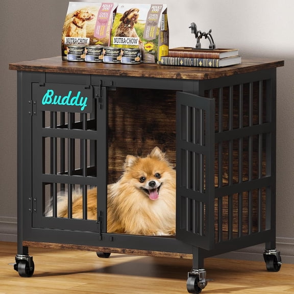Heavy Duty Kennel Indoor with Name Tag, 27" Crate Furniture for Small Dogs, Double-Doors Sturdy Metal Cage for