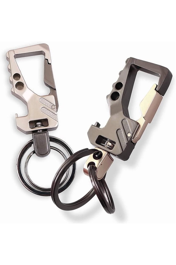 Heavy Duty Key Chain with Bottle Opener, 2 Pack Car Key Chains with 2 Metal Key Rings Carabiner Keychians-(Gun/Golden+Silver/Gun)