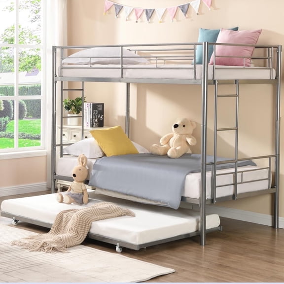 Heavy Duty Twin Over Twin Metal Bunk Bed with Flat Ladder & Safety Guardrail, Convertible Trundle Bed Frame for Dorm, Bedroom, Guest Room, No Box Spring Needed, Silver, D6554