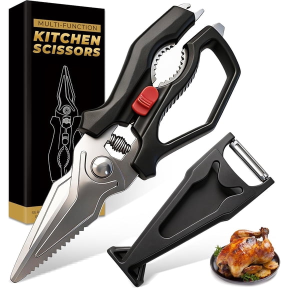 Heavy Duty Kitchen with Peeler Sheath - Spring Poultry Shears for Chicken, Meat & Fish - Multipurpose with Safety Lock & Non-Slip Handle, Dishwasher Safe