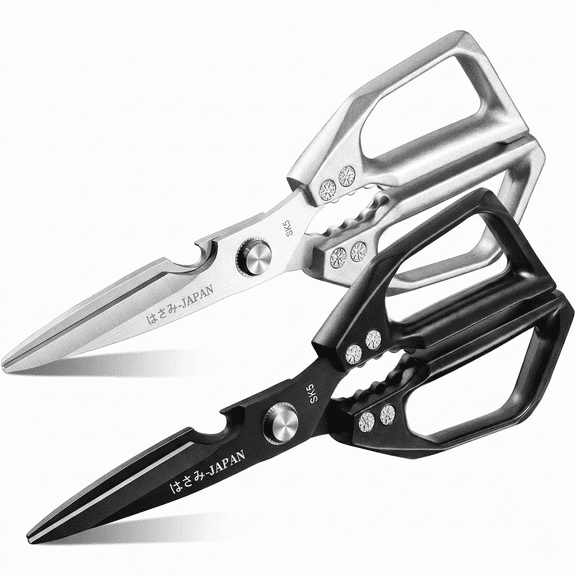 Heavy Duty Kitchen Shears Set, 2-Piece Poultry Scissors for Cutting Meat and Chicken Bones, Stainless Steel Culinary Cooking Shears for Turkey, Fish, and BBQ, Ergonomic Meat Scissors, Silver & Black