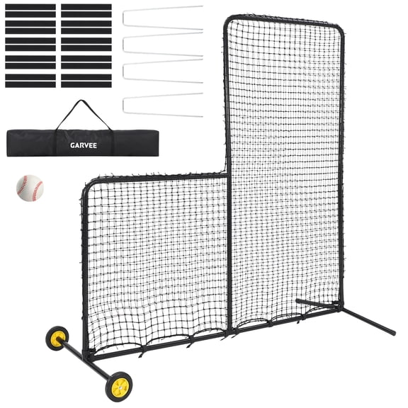 Heavy Duty L-Shaped Baseball Pitching Net with Wheels – 7x7FT Protective Steel L Screen – Portable Pitcher Screen Netting – Ideal for Batting Cages, Softball  – All Skill Levels (Size: 7x7ft)