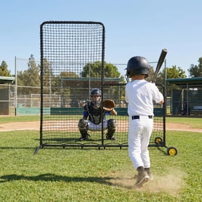 Heavy Duty L-Shaped Baseball Pitching Net with Wheels - Steel Protective Screen for Batting Cage, Field, Softball & Tee-Ball Practice - Portable 7x7FT Pitcher Net