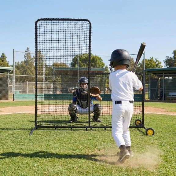 Heavy Duty L-Shaped Baseball Pitching Net with Wheels - Steel Protective Screen for Batting Cage, Field, Softball & Tee-Ball Practice - Portable 7x7FT Pitcher Net