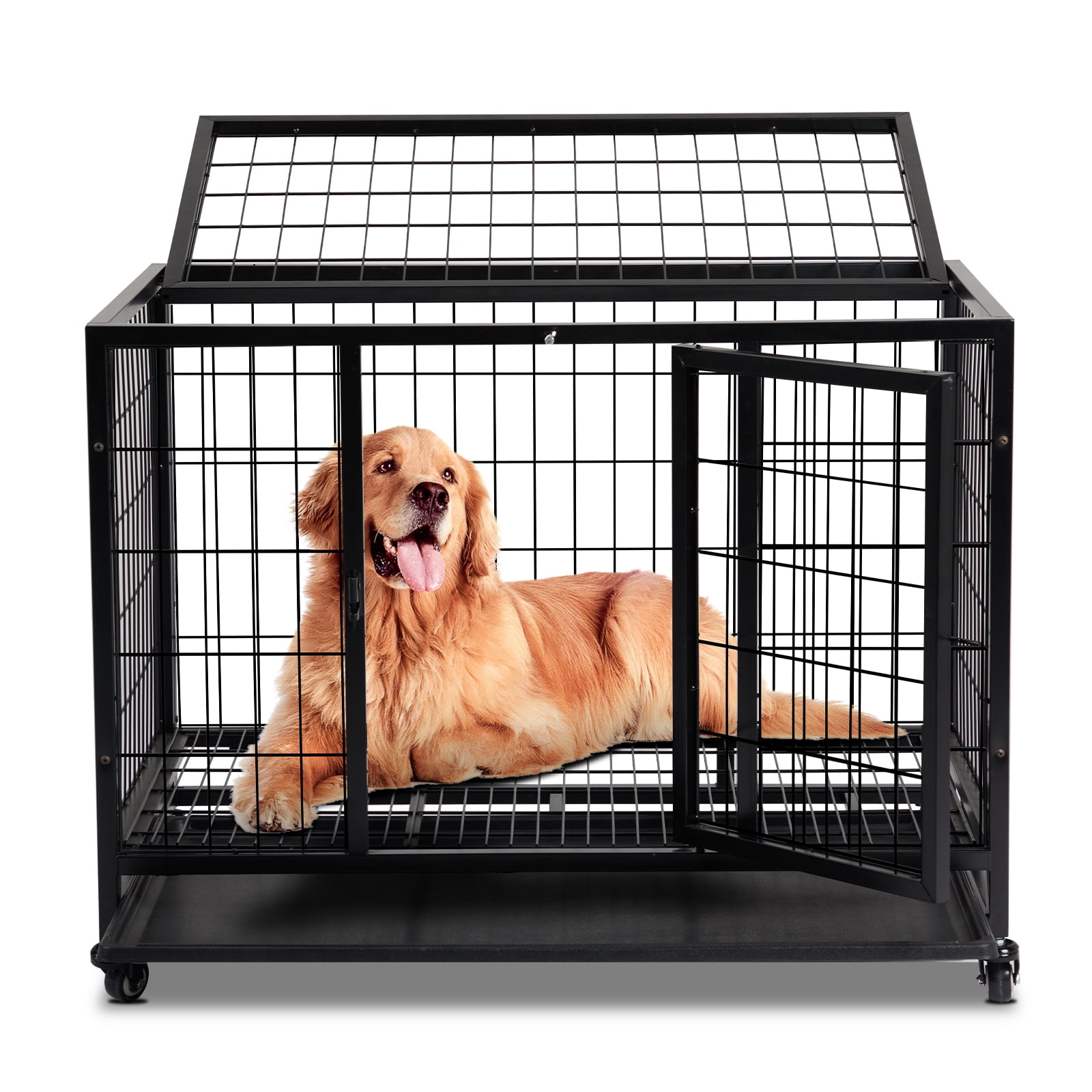 Heavy Duty Large Dog Crate with Double Doors, Secure Lock & Plastic