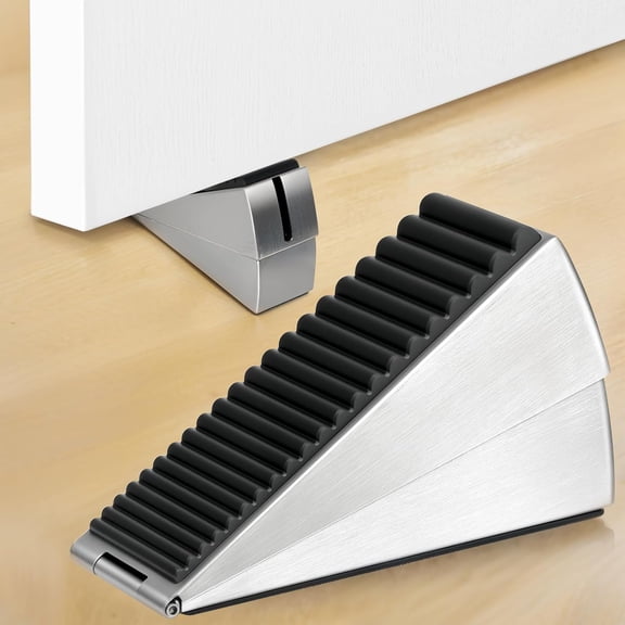 Heavy Duty Large Door Stoppers, Adjustable Spring Loaded Tall Doorstop Jammer Rubber Door Stopper Wedge with Storage Holder for Any Heavy Doors up to 3" Gap, Silver 2Pack