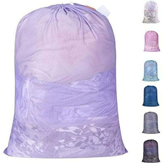 Heavy Duty Large Mesh Laundry Bag with ID Tag and Locking Drawstring Closure - 24 x 36 inches - Laundry Hamper Liner, Washable Laundry Bags for Travel, Sports, Dorms (Purple)
