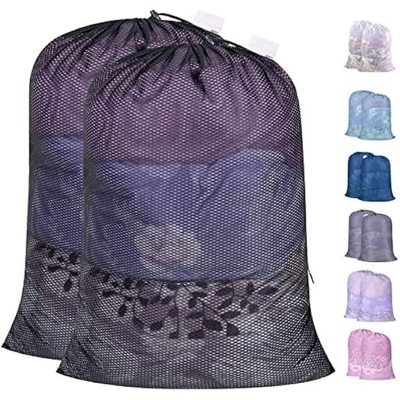 Heavy Duty Large Mesh Laundry Bags with ID Tag and Locking Drawstring Closure - 2 Pack, 24 x 36 inches - Laundry Hamper Liner, Washable Laundry Bag for Travel, Sports, Dorms (Black)