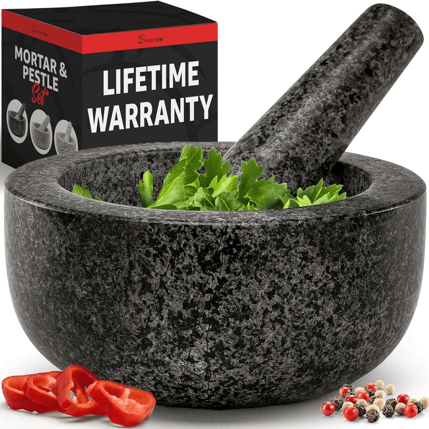Heavy Duty Large Mortar and Pestle Set,100% Granite, Stone Grinder Bowl, 2 Cup, Black