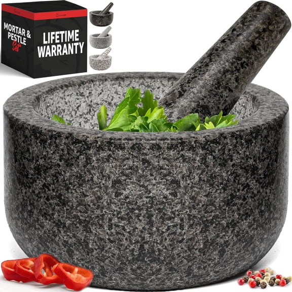 Heavy Duty Large Mortar and Pestle Set, 100% Natural Granite, 4.72 Inch Diameter Bowl, 6.2 Inch Pestle, Non-Slip Base, Stone Grinder for Guacamole Salsa Pesto Herbs Spices