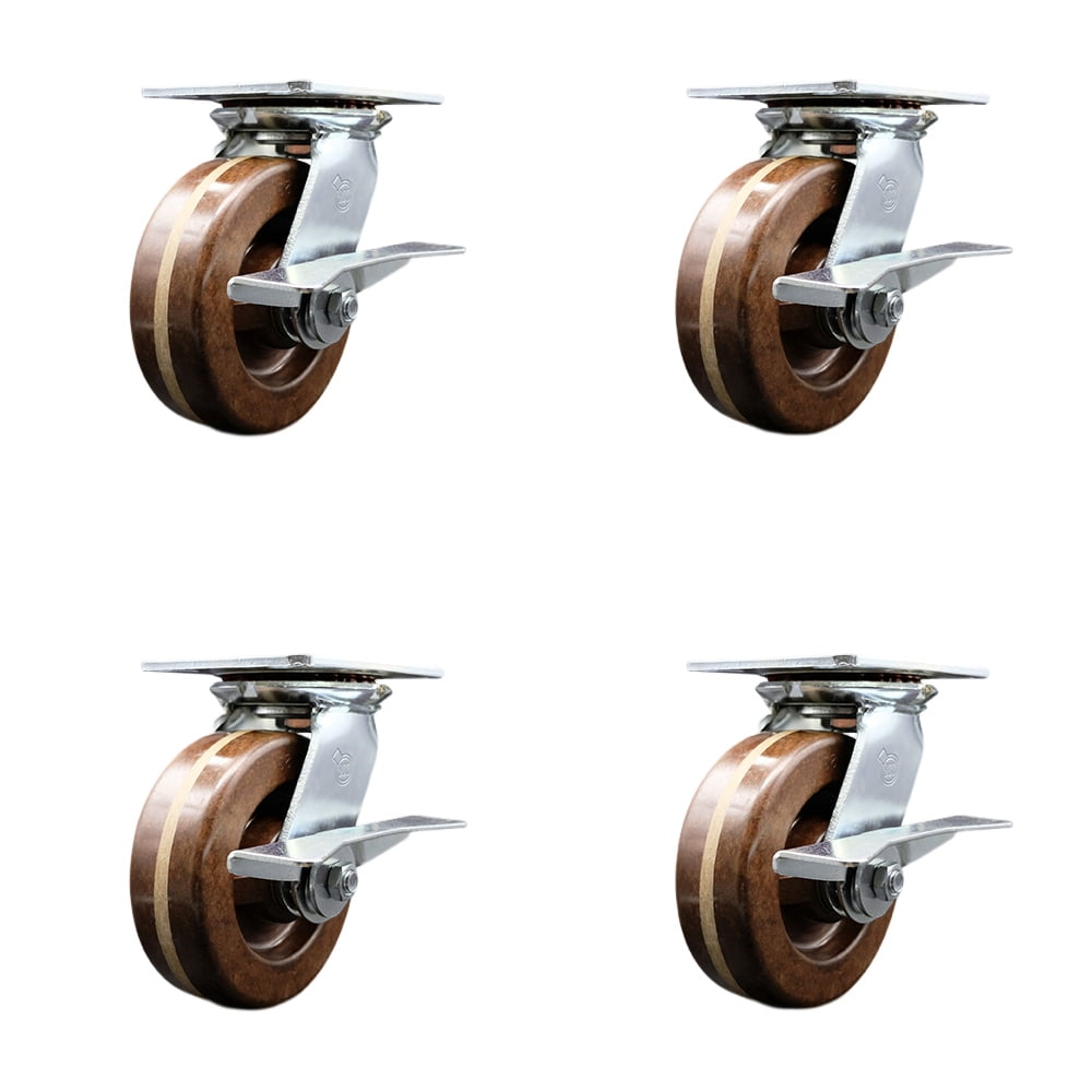 Set Of 4 Heavy Duty 6 Inch Casters - 2 Swivel Lock & 2 Rigid, 4,800 Lb Capacity