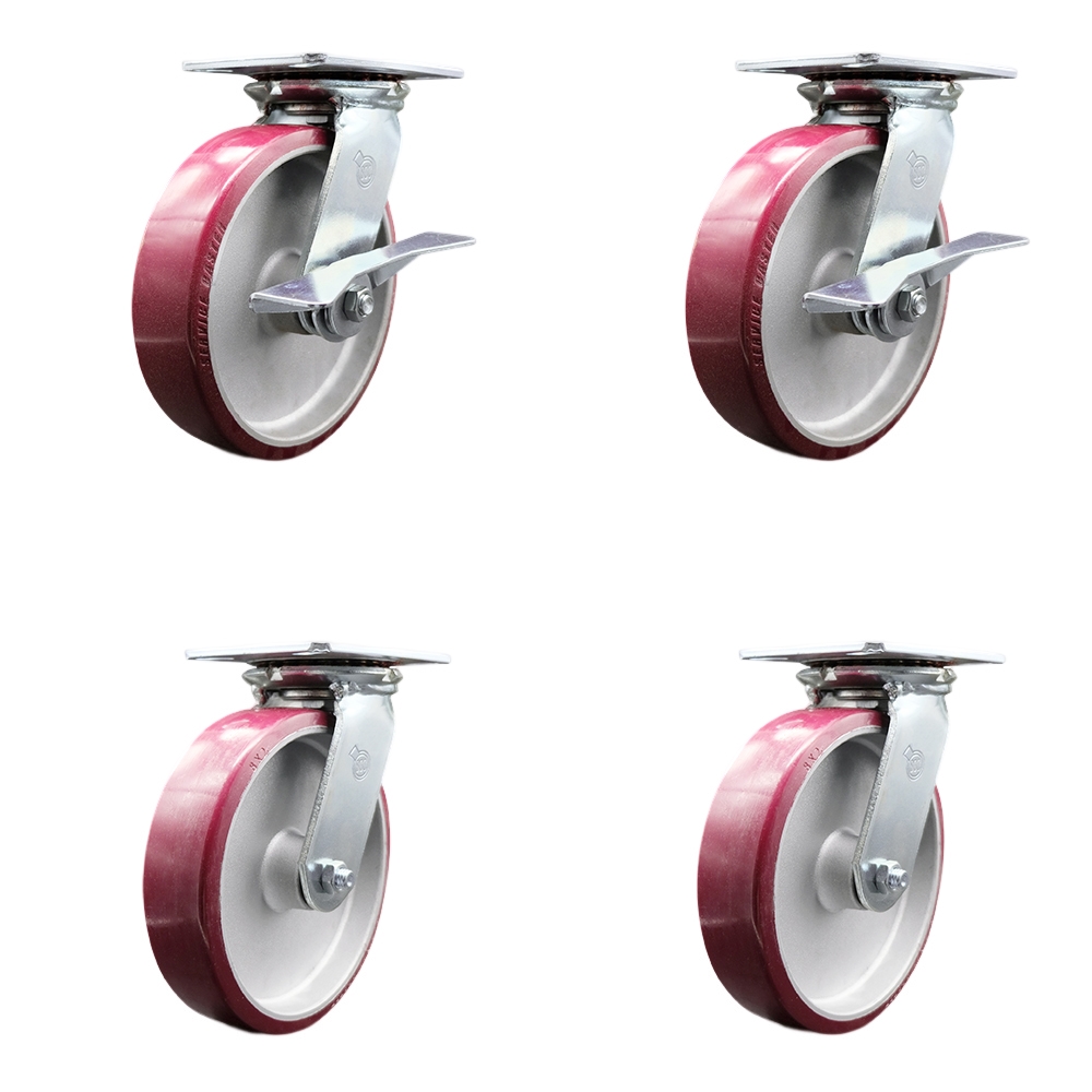 Heavy Duty Large Top Plate Poly on Alum Swivel Caster w/Main. Free Bearings Set 4 w/8" x 2" Maroon Wheels-Includes 2 Swvl w/Brakes and Bolt on Swvl Lck&2 Swvl w/Bolt on Swvl Lck - Service Caster Brand - image 1 of 6