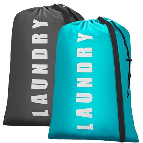 Heavy Duty Laundry Bag with Strap,2 Pack Travel Laundry Bags for Dirty Clothes,24" x 36" Large Laundry Bag for Traveling,Camping,Dorm (Cyan + Gray)
