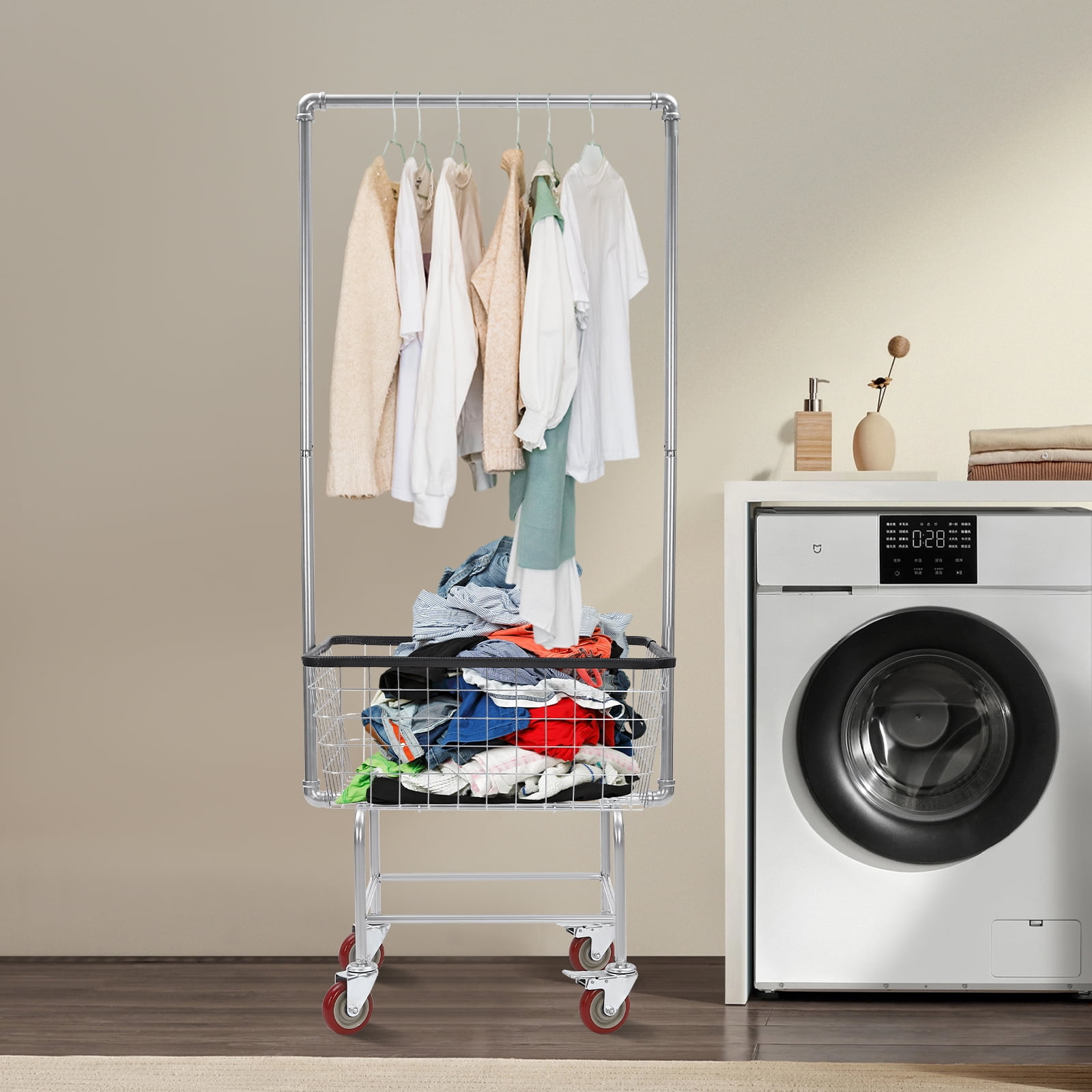 Heavy Duty Laundry Cart 110 lbs Capacity Steel Rolling Hamper with Wheels 5.6 ft Tall for Home, Hotel, Commercial Laundry