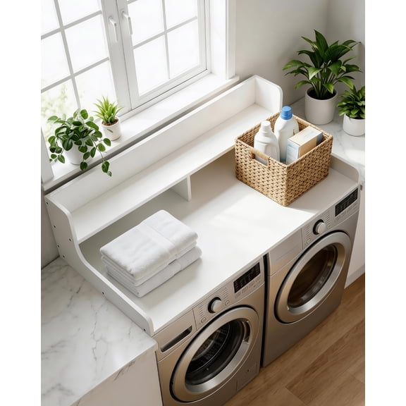 Heavy Duty Laundry Shelf Leader for Washer and Dryer – 54" x 27.5" Wood Countertop Organizer with 12" Edge Rails, Non-Slip Pads – Perfect for Laundry Room Storage, Folding Clothes – White