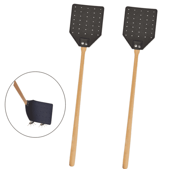 Heavy Duty Leather Fly Swatter, 2 Pack Long Wood Handle Manual Fly Swatter, Durable Fly Swatter for Fly Catcher and Insects Catcher with Ease(Black)
