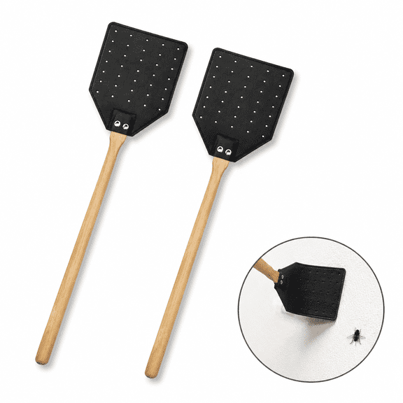 Artrylin Heavy Duty Leather Fly Swatter, 2 Pack Long Wood Handle Manual Fly Swatter, Durable Fly Swatter for Fly Catcher and Insects Catcher with Ease(Black)