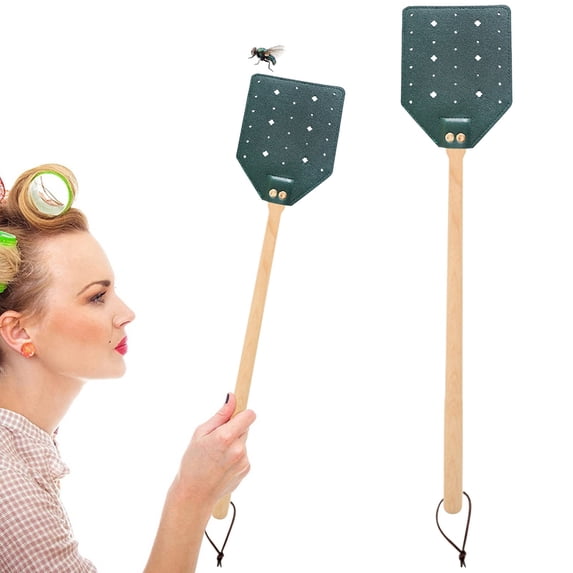 Heavy Duty Leather Fly Swatter, Long Handle Solid Beech Wood Fly Swatter, Durable Reusable Insect Catcher for Household, Camping and Indoor Outdoor Pest Control, Insect Swatter,19.49×3.94 in,Green