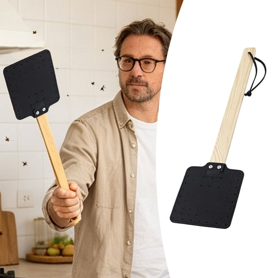 Heavy Duty Leather Fly Swatter with Long Wooden Handle, Durable Perforated Manual Fly Swatter for Home Kitchen Indoor Outdoor Mosquito Fly Wasp Pest Control Household Insect Tool