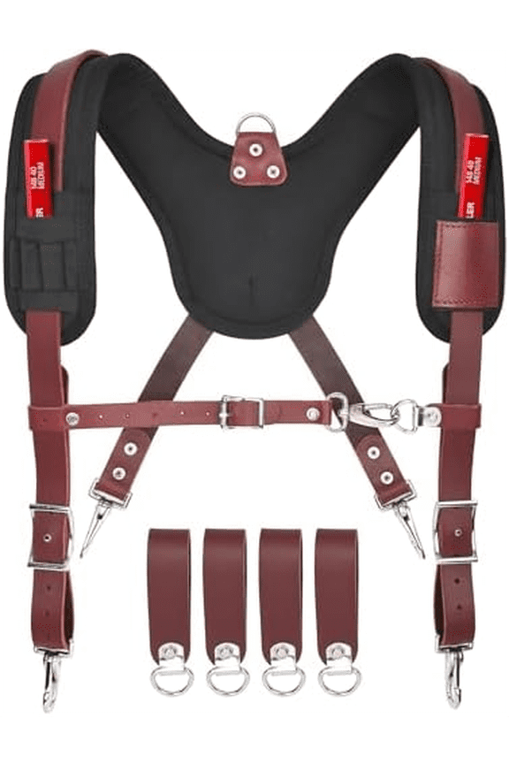 Heavy Duty Leather Work Suspender With Pockets | Fully-Adjustable Padded Leather Tool Belt Suspenders for Men | Construction | Framers | Handyman | Electrician$$Tools