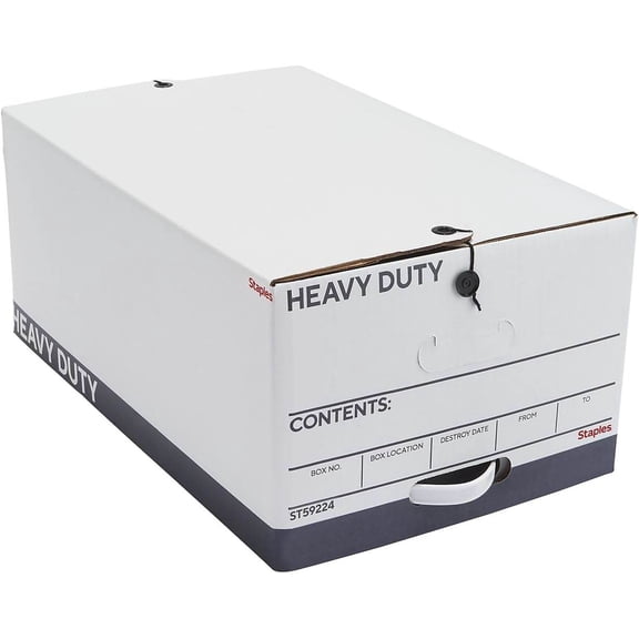 Heavy Duty Legal-Size File Box with String-and-Button Lid, White/Gray, 4-Pack
