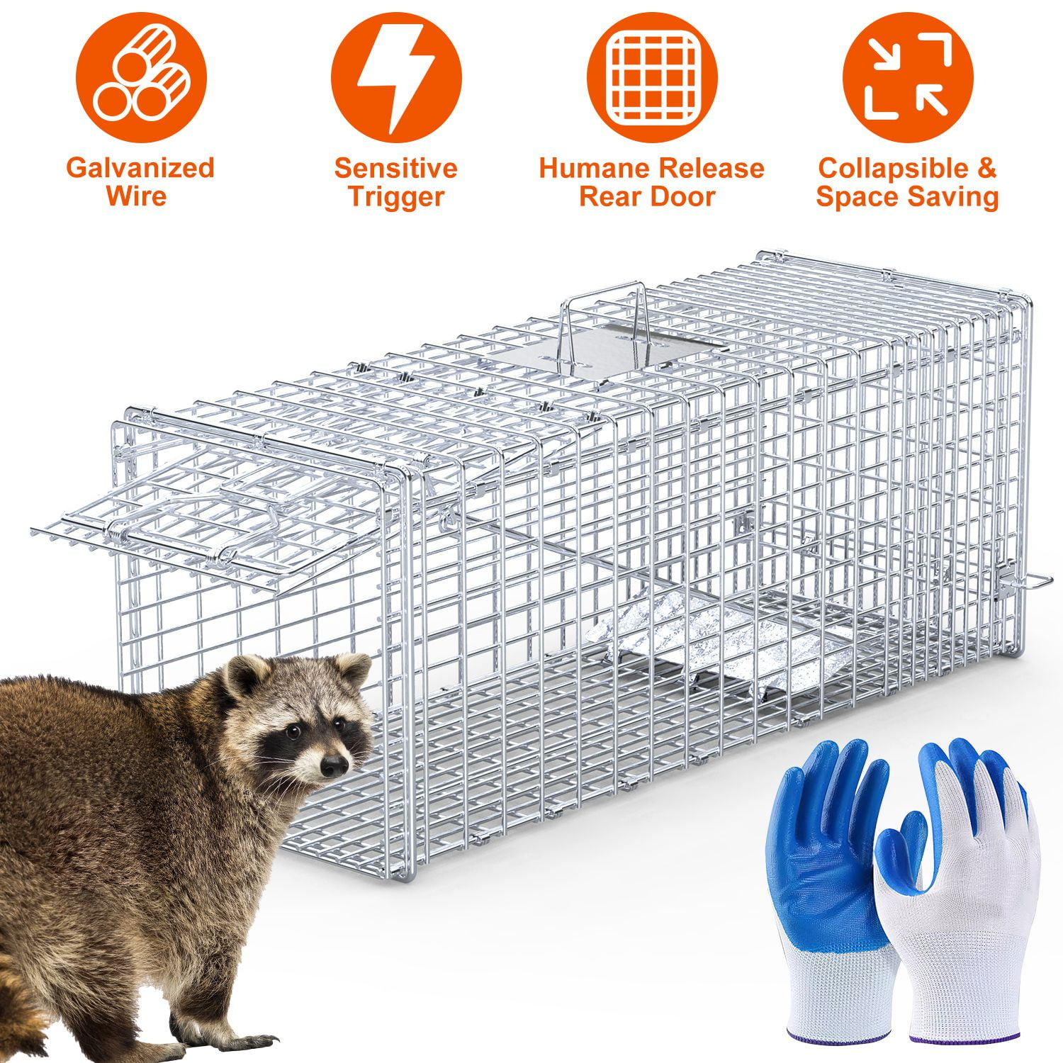 Heavy-Duty Live Animal Trap - 37x14x15 Inch Galvanized Mesh, Sensitive Pedal Trigger & Rear Release Door, Guarded Handle, Foldable Design for Raccoons, Armadillos, Small Dogs Under 55 lbs