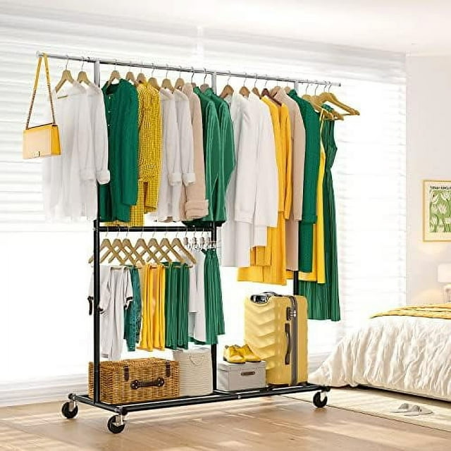 Heavy Duty Loads 410 LBS Clothing Rack with Wheels Rolling Clothes ...