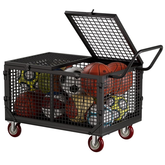 Heavy Duty Lockable Rolling Sports Ball Storage Cart, Large Capacity Metal Ball Cage with 360° Swivel Casters for Garage, Gym & School