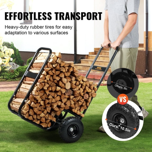 Outdoor Indoor Firewood Carrier Cart on Wheels, 250 Lbs Load Capacity, Heavy Gauge Steel Wood Dolly with Pneumatic Tires for Fire Pit and Fireplace