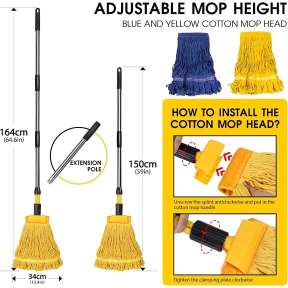 Heavy Duty Looped End String Dust Mop for Home, Kitchen & Office - Includes 2 Reusable Cotton Mop Heads
