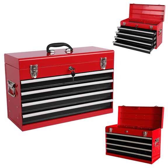 Heavy Duty LuckyNoTool Box, 21-inch, Portable Metal Tool Box with 4 Drawers, Small Tool Chest with EVA Liners, Ball Bearing Slide Drawers Locking & Powder Coated Finish, Multi-Function Tool Organizer