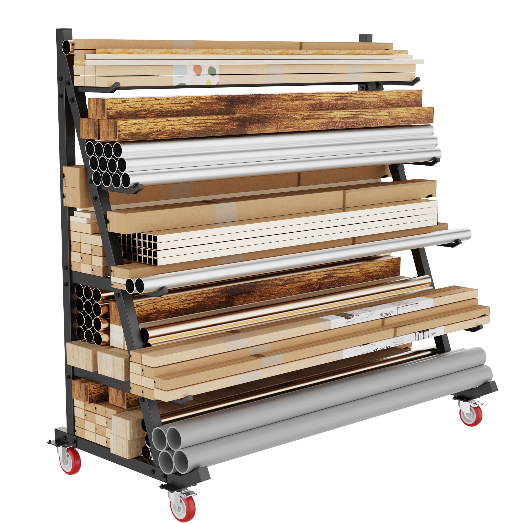Heavy Duty Lumber Storage Rack, Horizontal Alloy Steel Pipe & Wood Rack with Wheels - 5-Tier Mobile Garage Workshop Organizer (50”W x 25.6”D x 63”H)