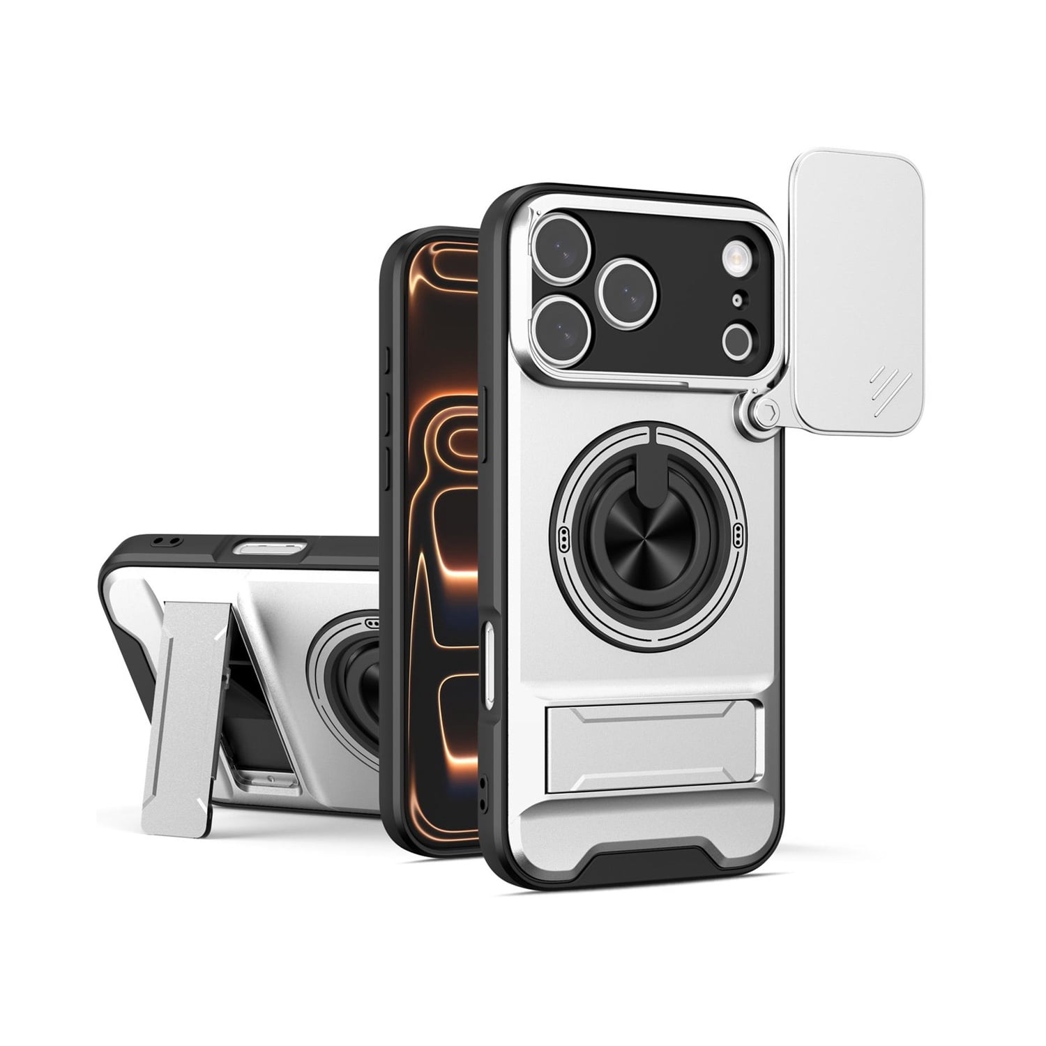 Heavy Duty MagSafe Slide Lens Protective Case with Kickstand for iPhone 17 Pro Max - Silver