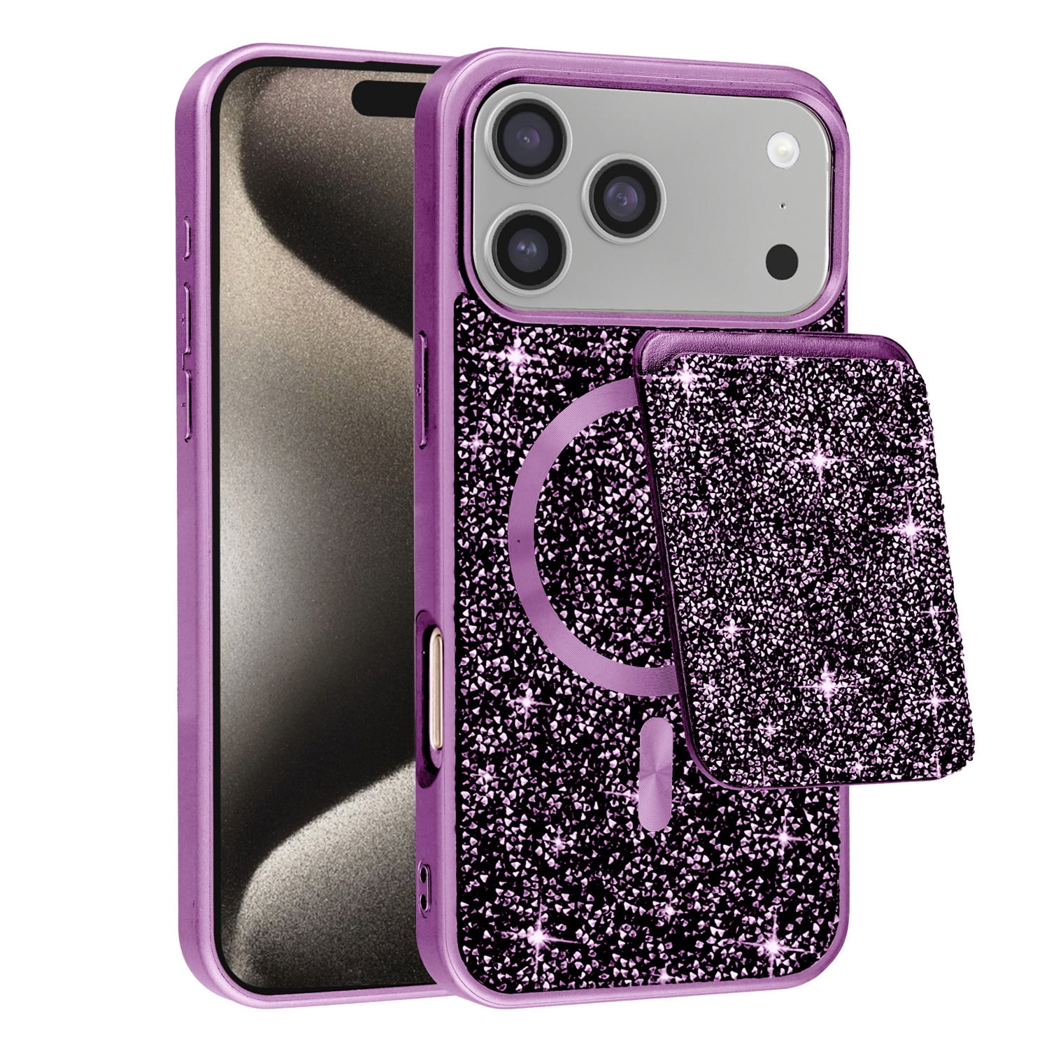 Heavy-Duty Magnetic Diamond Wallet Case for iPhone 17 Pro Max - Purple