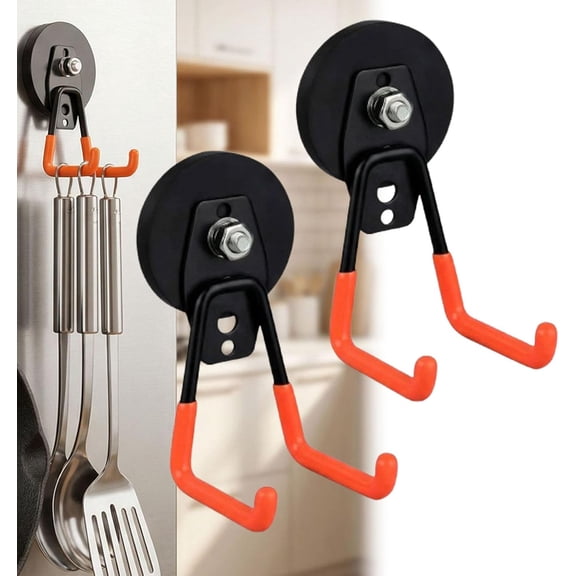 Heavy Duty Magnetic Double Claw Hook, 2.6in Large Industrial Magnet Hooks with Anti-Slip Coating, Dual J-Hook Utility Tool Hanger for Shovels, Power Drills, Garden Hose (2)