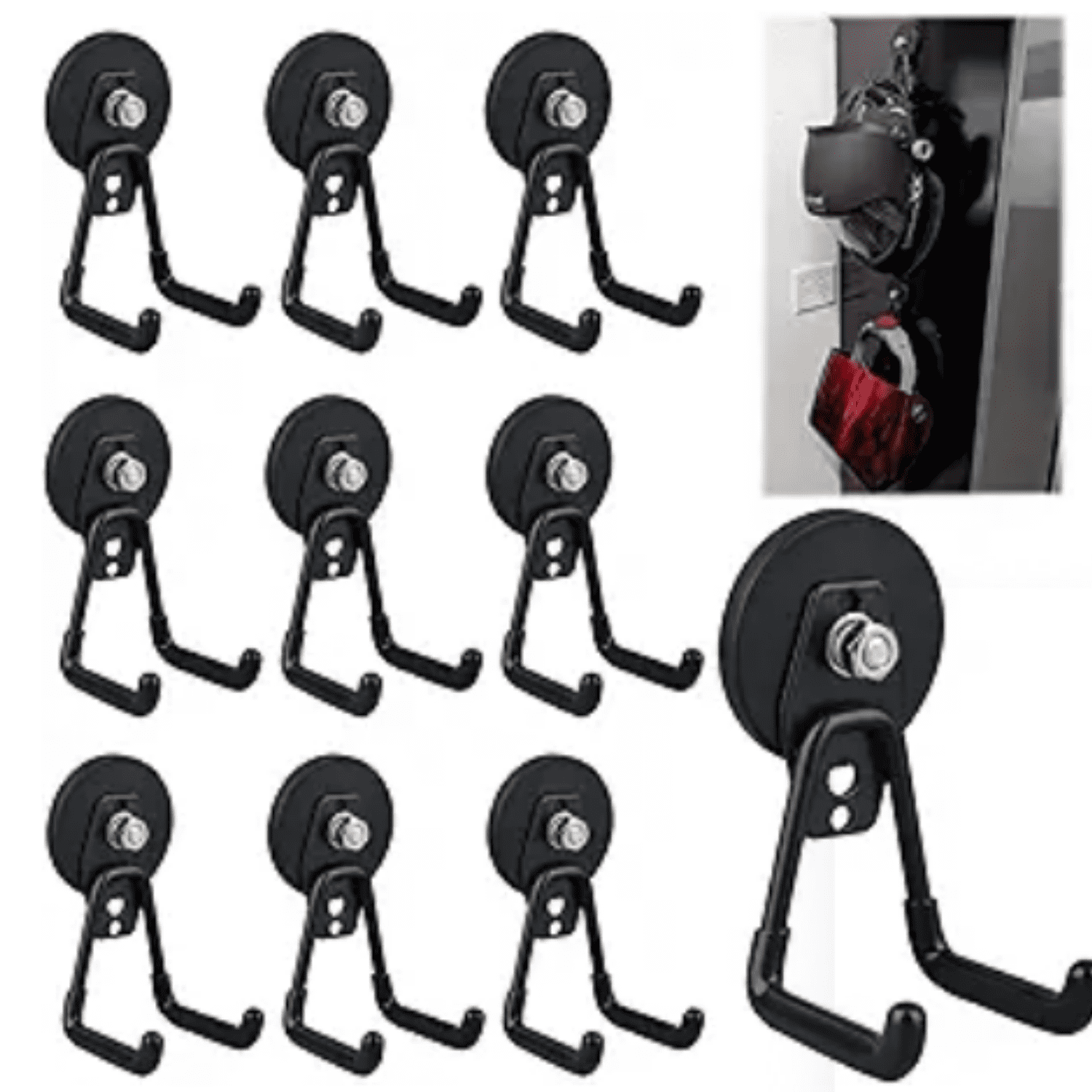 Heavy Duty Magnetic Garage Hooks,10 Pack Strong Large Magnet Hook for Power Drill,Garden Tools,Hose,Pegboard,Garage, Workshop,Magnetic Storage Hooks for Indoor Outdoor Hanging(Black)