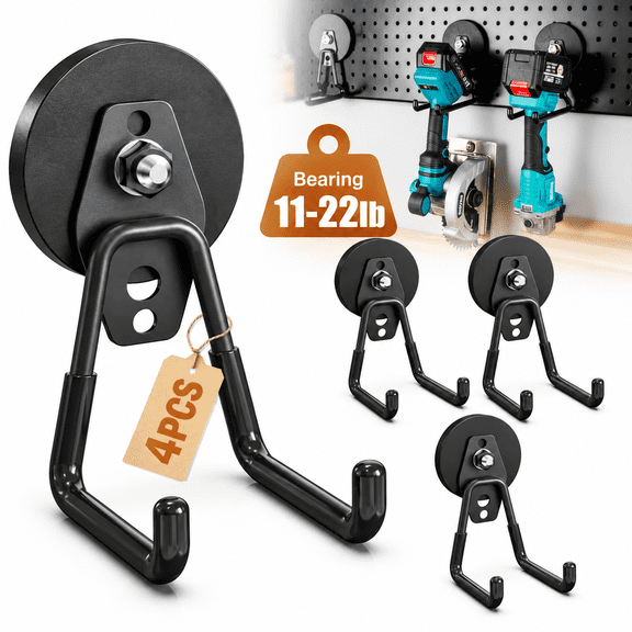 4 pack Heavy Duty Magnetic Hooks, Black Rubber Coated Magnets for Garage Tool Storage, Power Drill, Garden Tools, Hose, Workshop Hanging