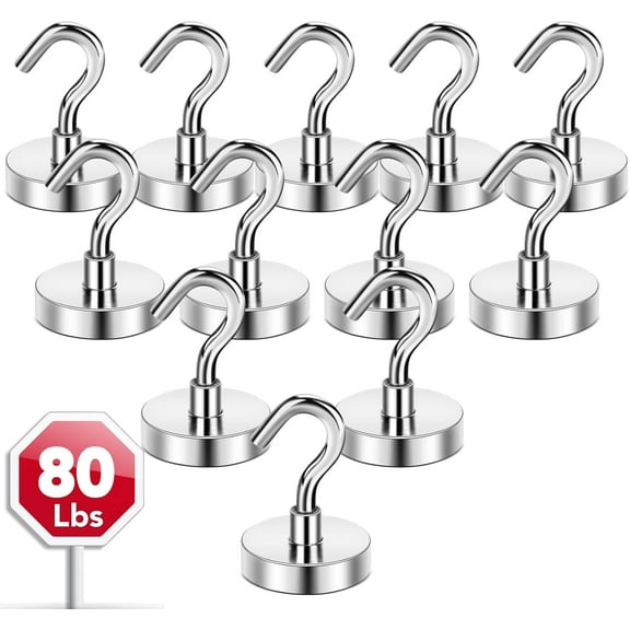 Heavy Duty Magnetic Hooks,80 LBS Strong Neodymium Magnet Hook for Home, Kitchen, Workplace, Office and Garage, 25mm(0.98inch) in Diameter - Pack of 12