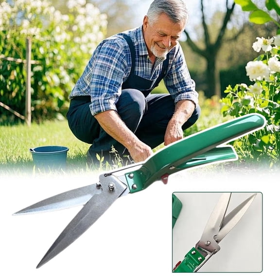 Heavy Duty Manual Lawn Trimming Scissors, High Carbon Steel Garden Grass Shears with Ergonomic Green Non-slip Grip, Hand Grass Cutter for Yard Weed Bush Landscape