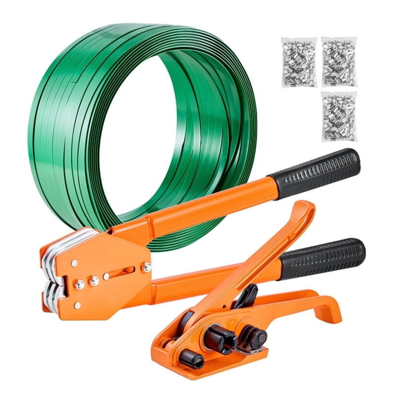 Heavy Duty Manual Pallet Strapping Kit with 1000ft PET Band 300 Metal Seals Orange for Warehouse Shipping Moving Home