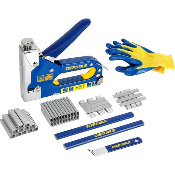 Heavy Duty Manual Staple Gun for Upholstery and Wood, 4-in-1 | 4-in-1 manual staple gun for upholstery, wood and furniture repair with adjustable power and 6,000 included fasteners