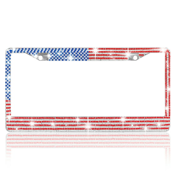 Heavy Duty Marine Grade Stainless-Steel Metal USA United States Flag Rhinestone Crystal Bling License Plate Frame Universal Size for Car Truck SUV (Pack of 2)