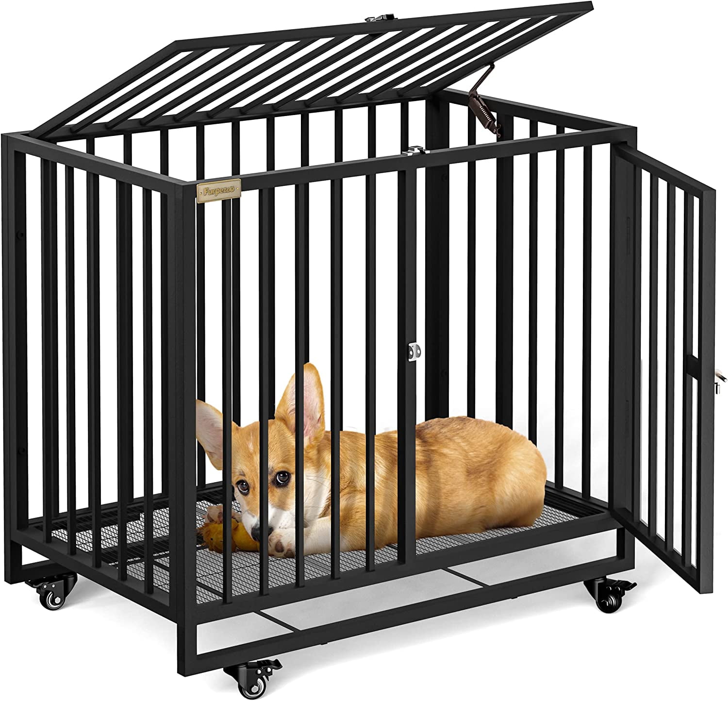 Heavy Duty Medium Dog Crate w/ 4 Wheels, Double Door Steel Pet Kennel, 32"L