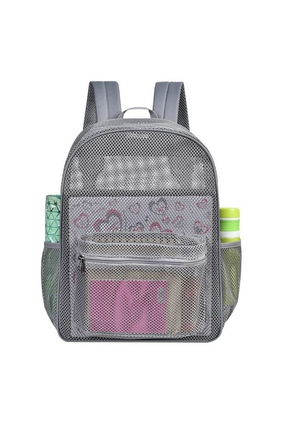 Heavy Duty Mesh Backpack for Adults, Semi-Transparent College Student Backpack with Padded Shoulder Straps for Commuting, Swimming, Travel, Beach, Outdoor Sports, Gray