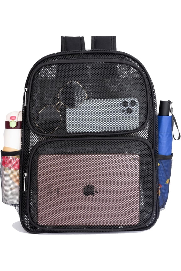 Heavy Duty Mesh Backpack, Semi-transparent Bookbag with Comfort Padded Straps for Commuting, Beach, Outdoor Sports(Black)
