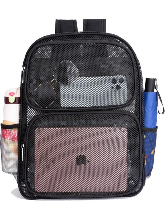 Heavy Duty Mesh Backpack, Semi-transparent Bookbag with Comfort Padded Straps for Commuting, Beach, Outdoor Sports(Black)