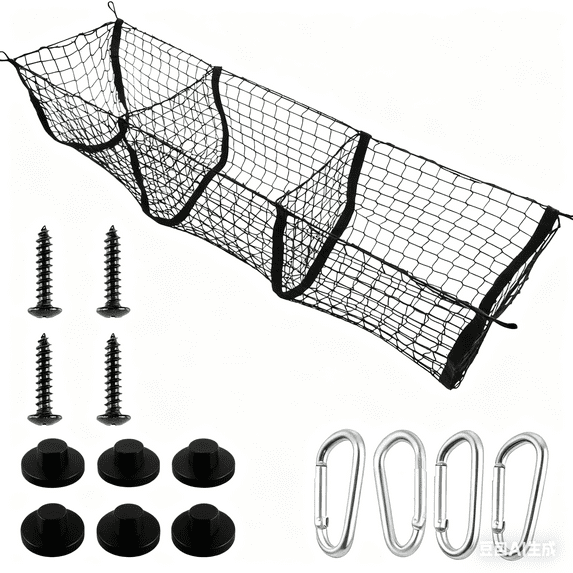 Heavy Duty Mesh Cargo Net, 3 Pocket Trunk Bed Storage Organizer Compatible for SUV, Car, Pickup Truck Bed, Etc.with 4 Metal Hooks (11.8×11.8×47.3 Inch), Black