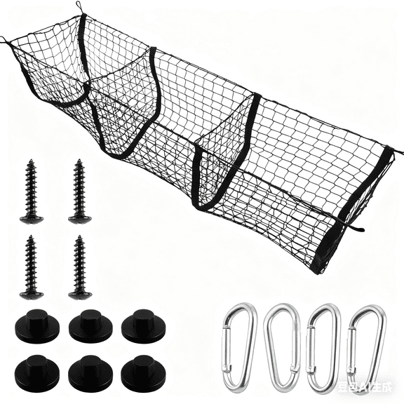 Heavy Duty Mesh Cargo Net, 3 Pocket Trunk Bed Storage Organizer Compatible for SUV, Car, Pickup Truck Bed, Etc.with 4 Metal Hooks (11.8Ă—11.8Ă—47.3 Inch), Black