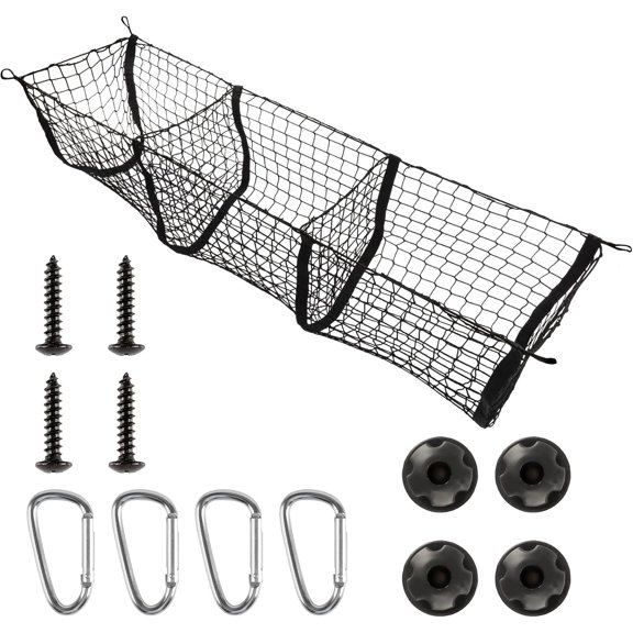 Heavy Duty Mesh Cargo Net, 3 Pocket Trunk Bed Storage Organizer Compatible for SUV, , Pickup Bed, Etc.with 4 Metal Hooks (11.8x11.8x47.3 Inch), Black